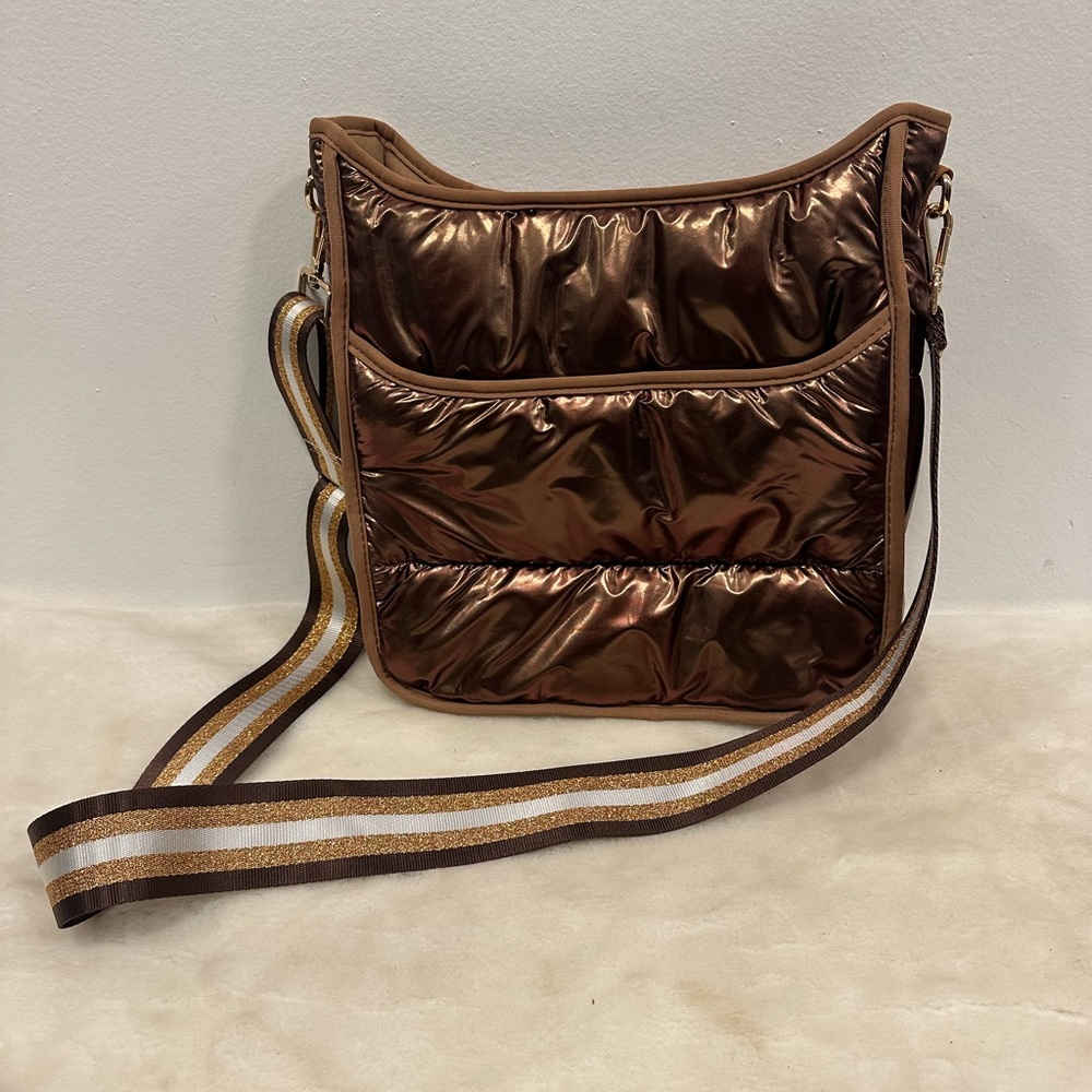 Ahdorned liquid bronze puffe Metallic Brown Crossbody Bag Striped Shoulder Strap - Picture 2 of 9